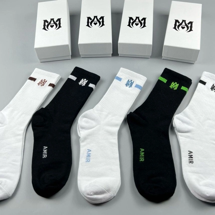 5 Pack Men Women Mid Calf Socks Classic Logo Embroidery Striped Fashion Daily Socks With Box