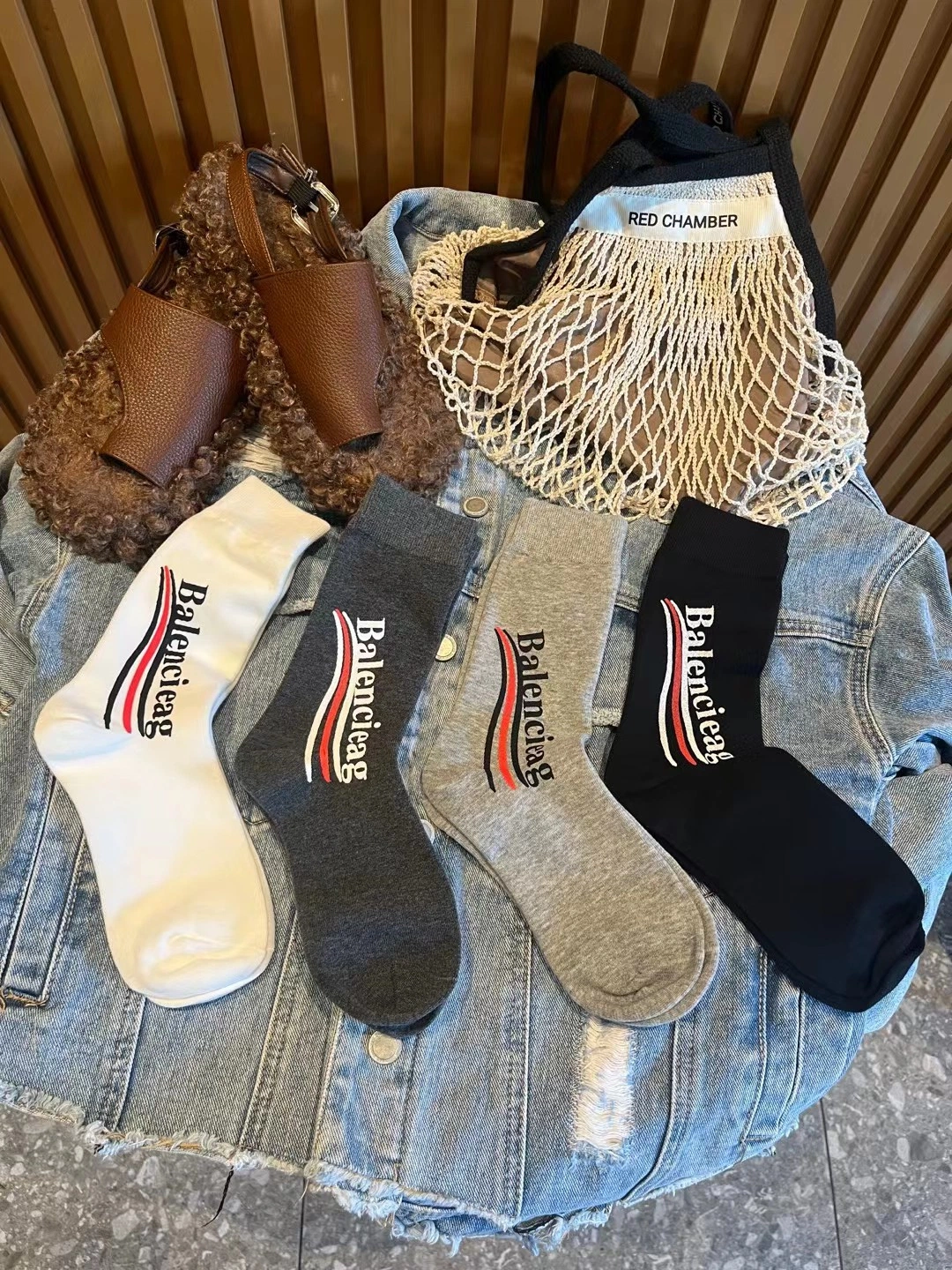 Balenciaga Logo Striped Mid Calf Crew Socks, Unisex Fashion Street Casual Socks